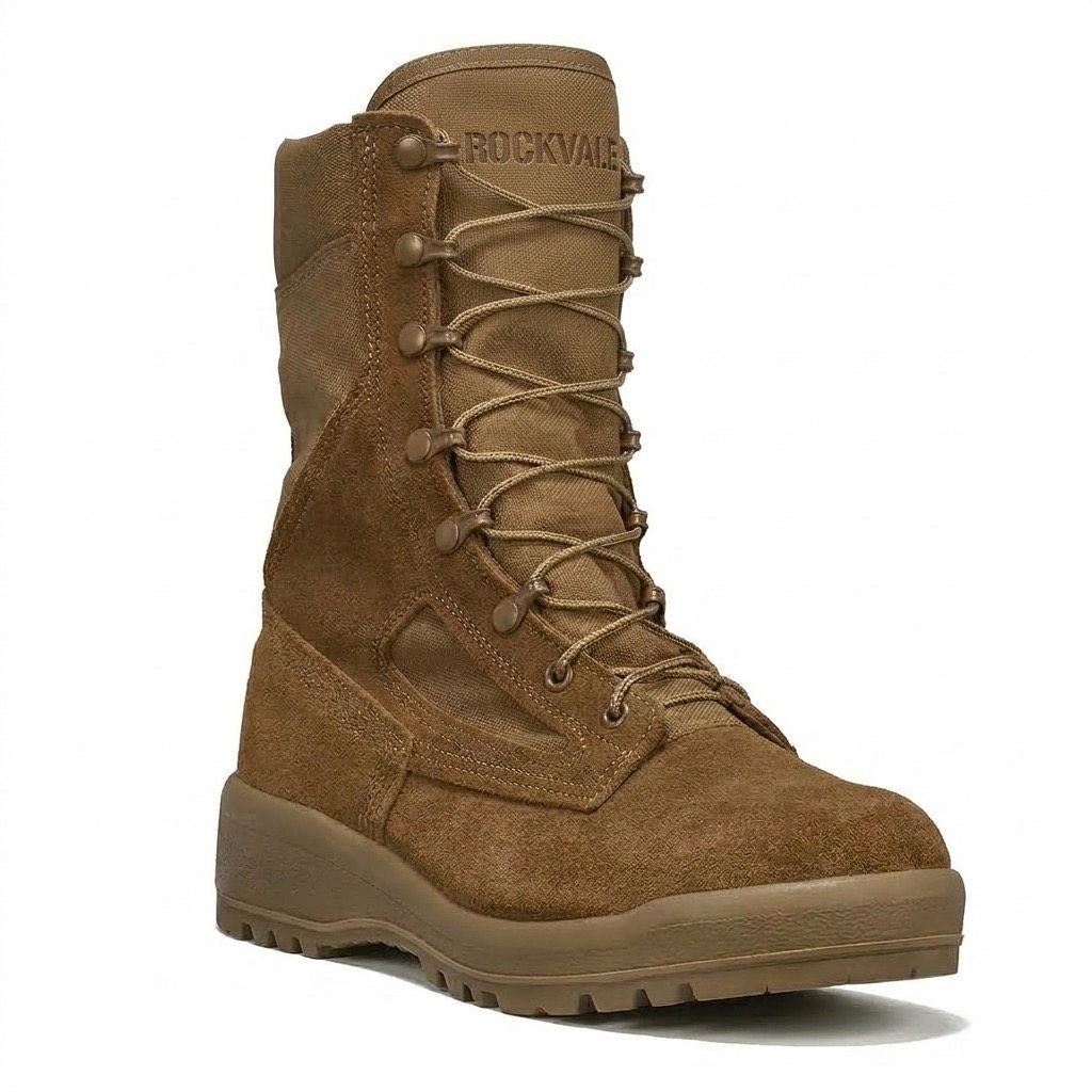Rockvale Rangeview 8" boot three-quarter front view with embossed Rockvale collar in coyote brown